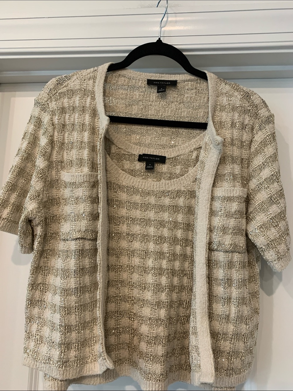 Ann Taylor Cream & Taupe Short-Sleeve Knit Cardigan Set M